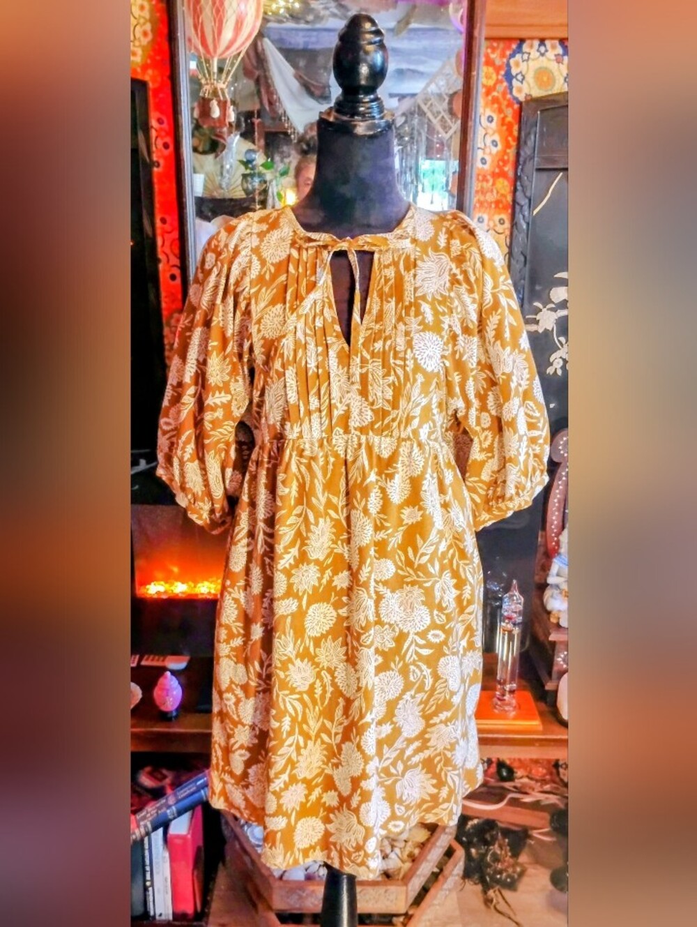 OST New Un Thread Cotton Cottage Mustard Floral Tie-Neck Women's Dress